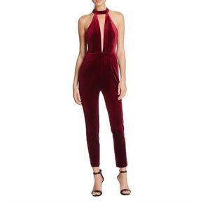 Sunset + Spring Red Wine Velvet Deep V-Neck Jumpsuit Women